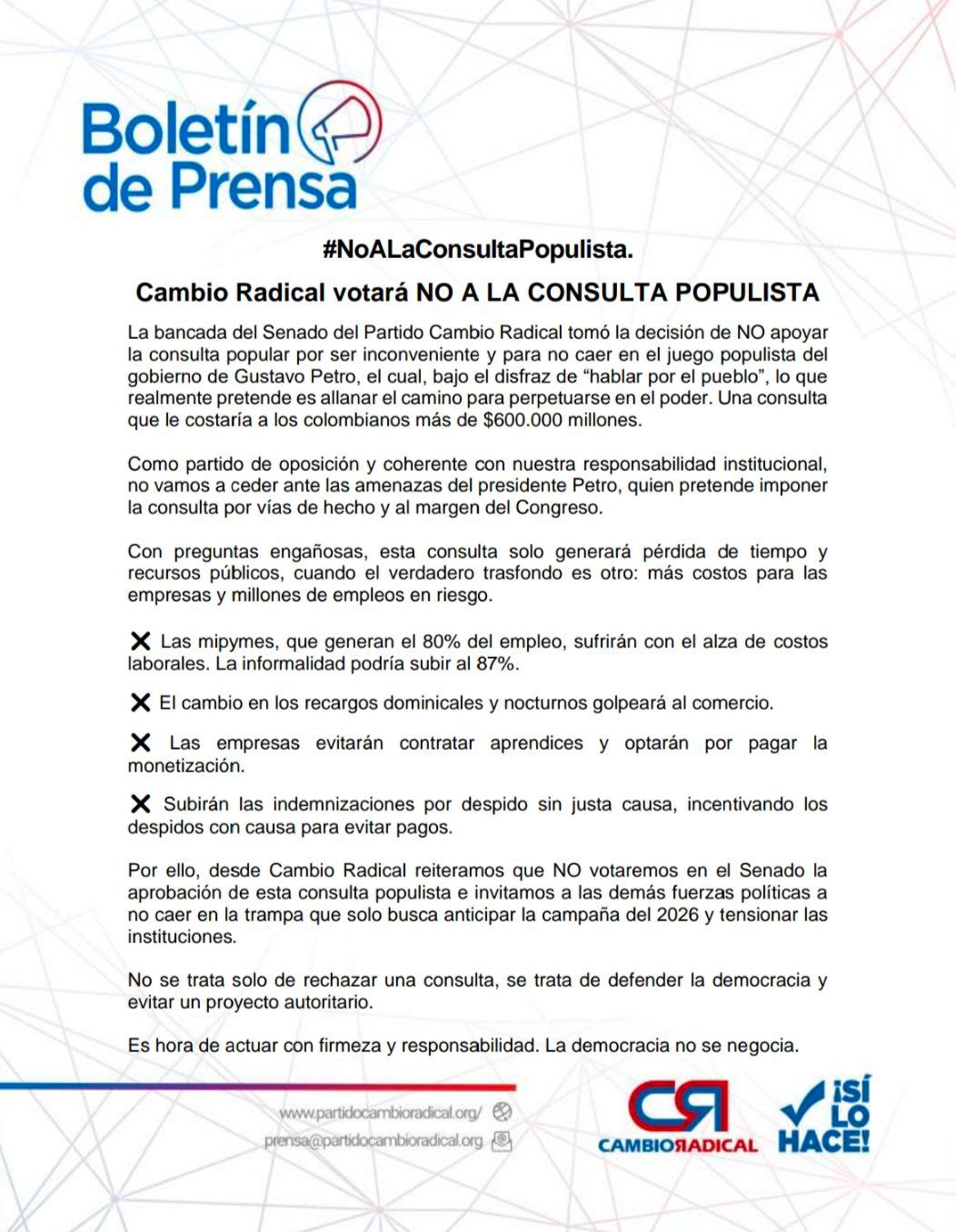 Cambio Radical anunció que votará no a la consulta popular promovida por el Gobierno Petro, por considerarla populista y costosa.