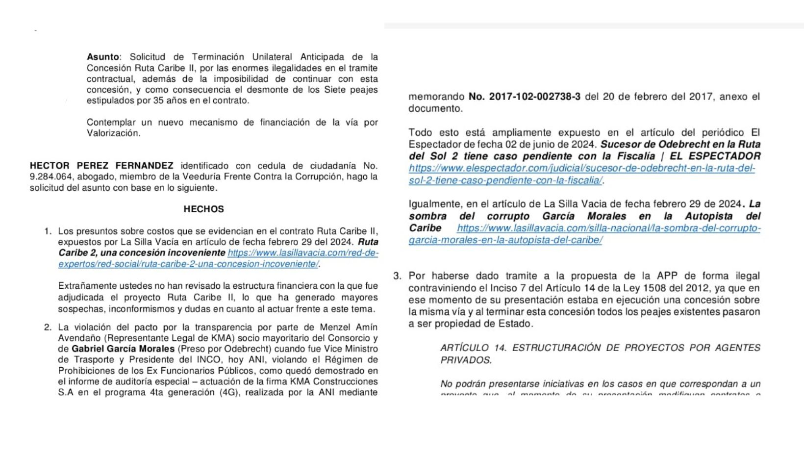 Carta de veedor al presidente busca terminar anticipadamente el contrato de Ruta Caribe 2.
