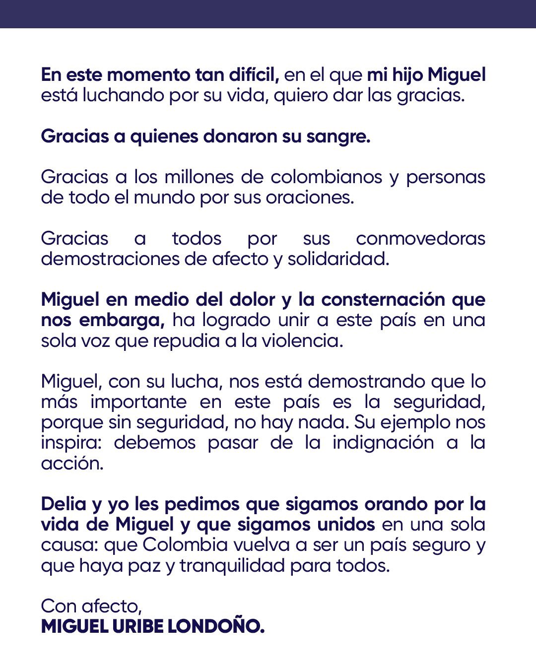 Carta del papá de Miguel Uribe rechaza la violencia en Colombia