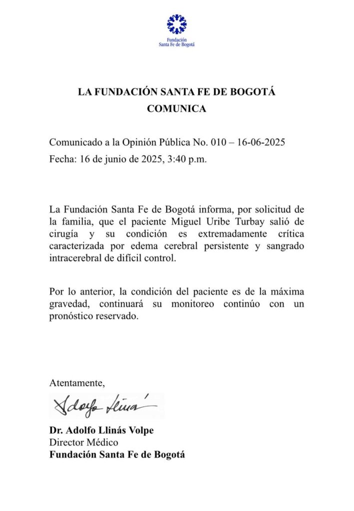 Comunicado médico sobre Miguel Uribe Turbay confirma estado grave