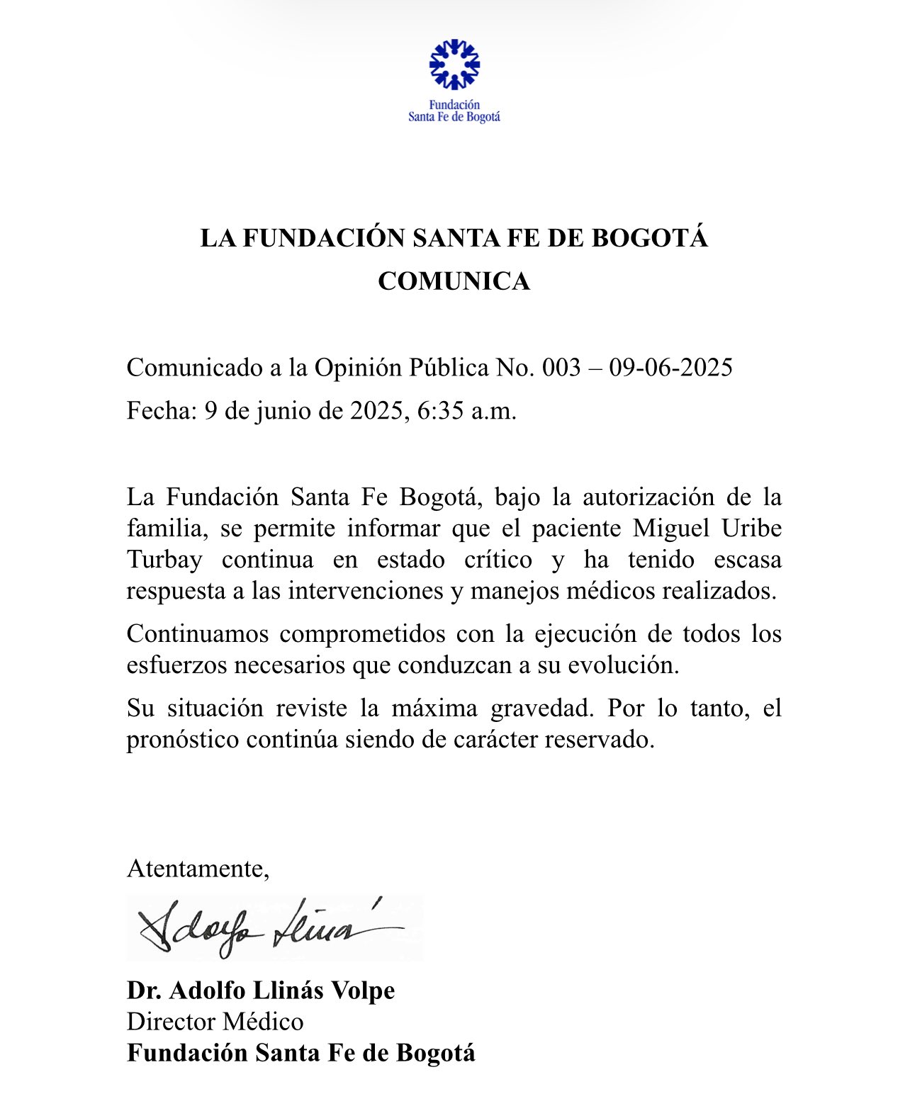 Comunicado oficial de la Fundación Santa Fe sobre el estado de salud de Miguel Uribe Turbay