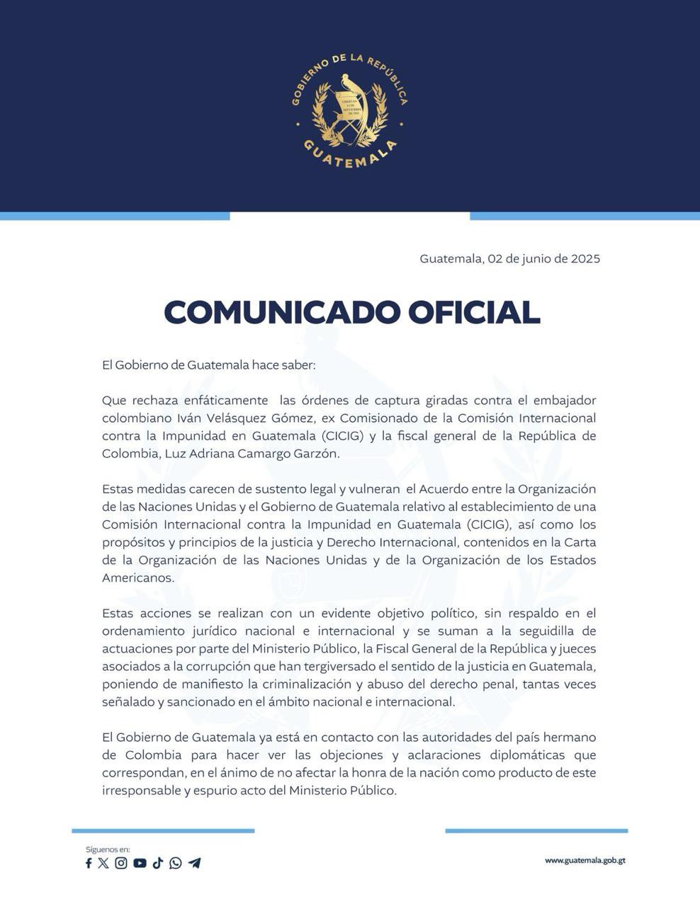 El Gobierno de Guatemala calificó como “irresponsable y espurio” el actuar de su Fiscalía en el caso Velásquez.
