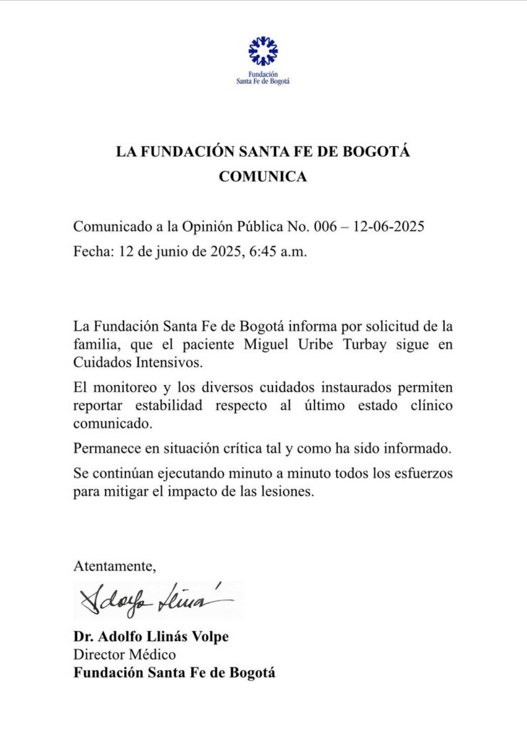 Fundación Santa Fe entrega parte médico sobre estado de Miguel Uribe