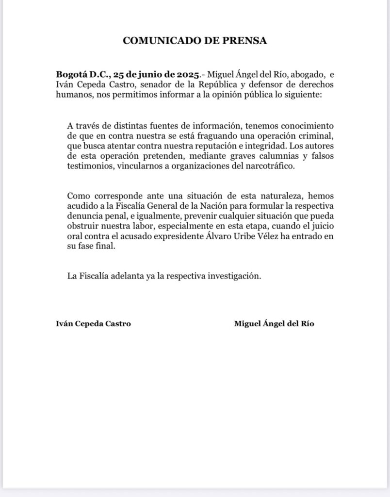 Iván Cepeda y Miguel Ángel del Río señalan campaña con falsos testigos en su contra