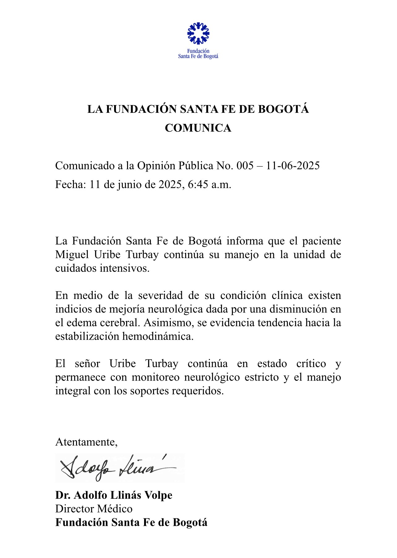 Parte médico indica leve mejoría de Miguel Uribe tras atentado