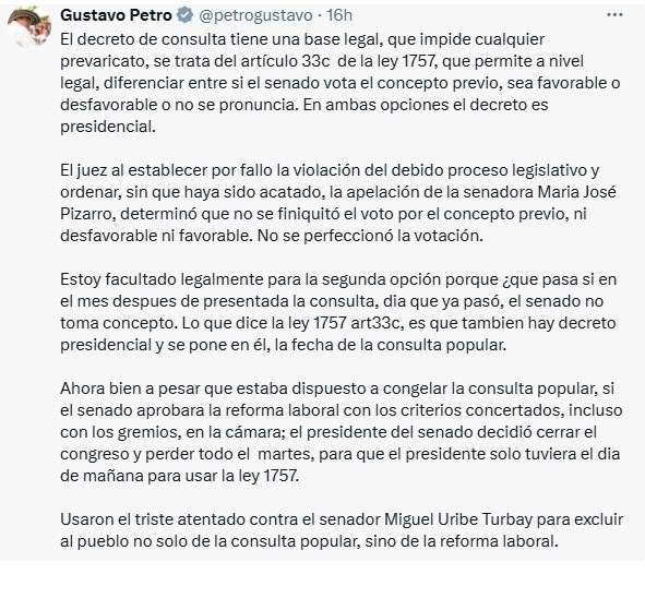 Petro cuestiona cierre del Congreso por consulta popular