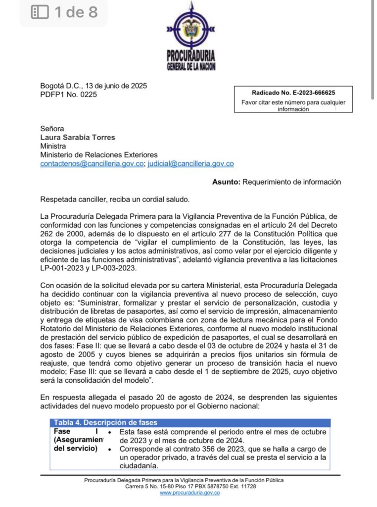 Procuraduría sobre contrato de pasaportes en Colombia