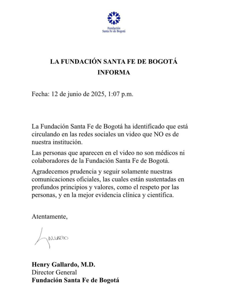 Fundación Santa Fe aclara que video viral no es de su personal médico