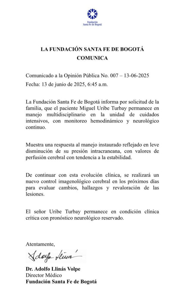 Parte médico revela que Miguel Uribe sigue en UCI con pronóstico reservado tras el atentado