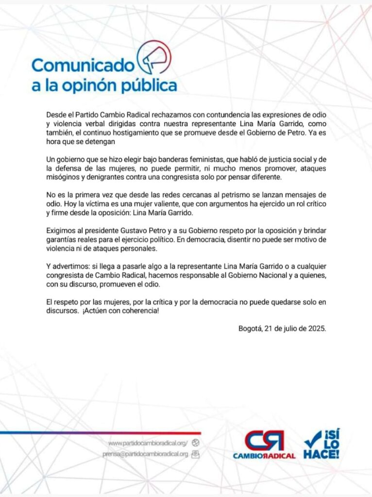 Cambio Radical responde a denuncias tras discurso de Lina Garrido