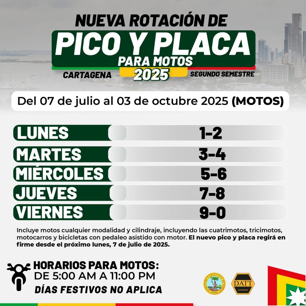 Cartagena modifica rotación del Pico y placa para motos