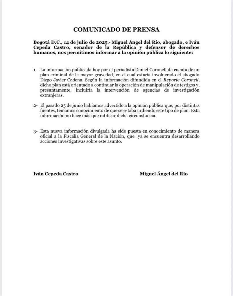 Comunicado oficial sobre el plan criminal denunciado por Cepeda
