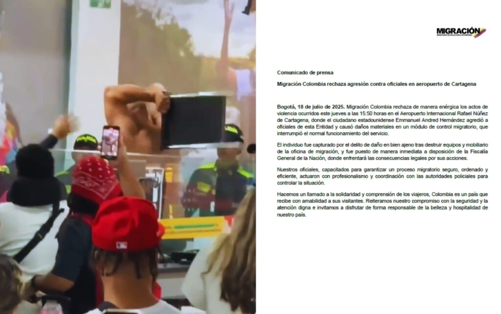 Funcionario de Migración señala equipos destruidos por ciudadano.