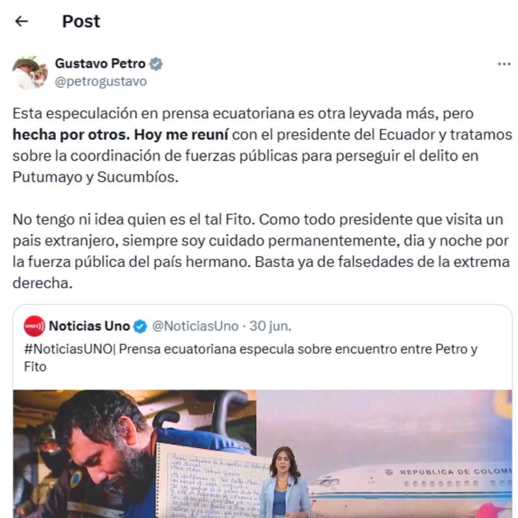 Gobierno Nacional niega nexos con alias Fito