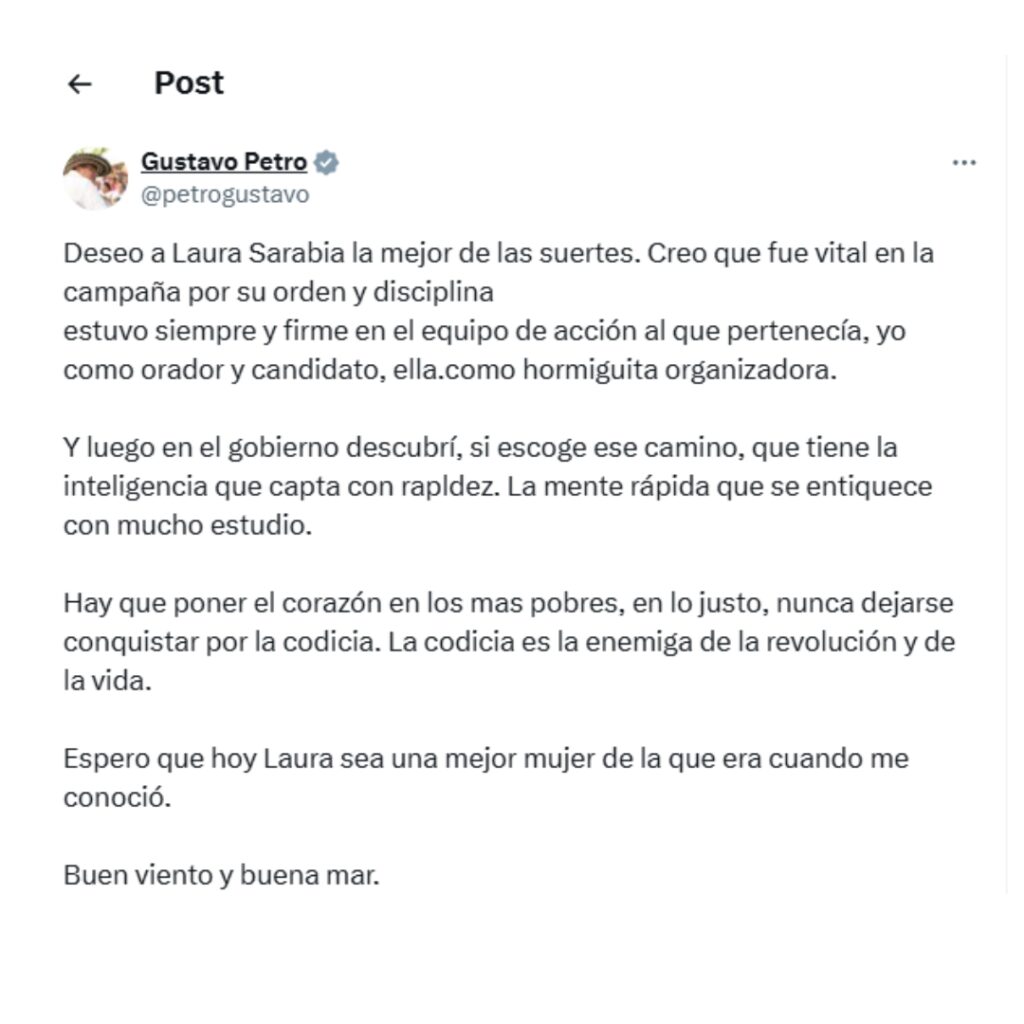 Gustavo Petro reacciona a la salida de Laura Sarabia. infomilenials.com