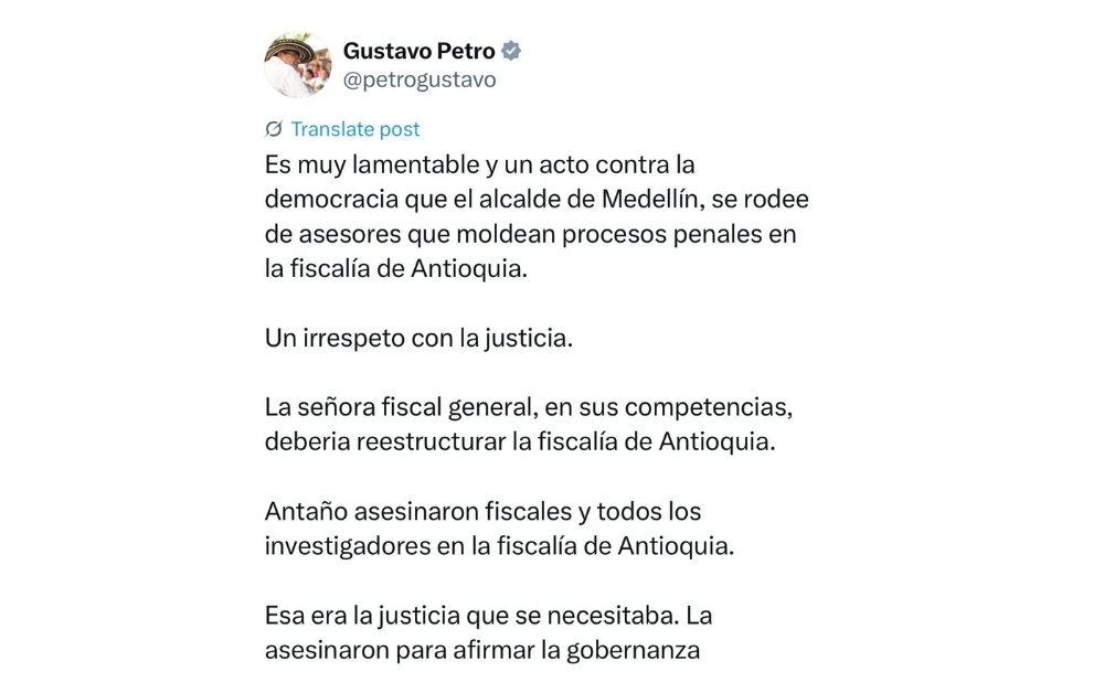 Mensaje del presidente Gustavo Petro que generó el debate.