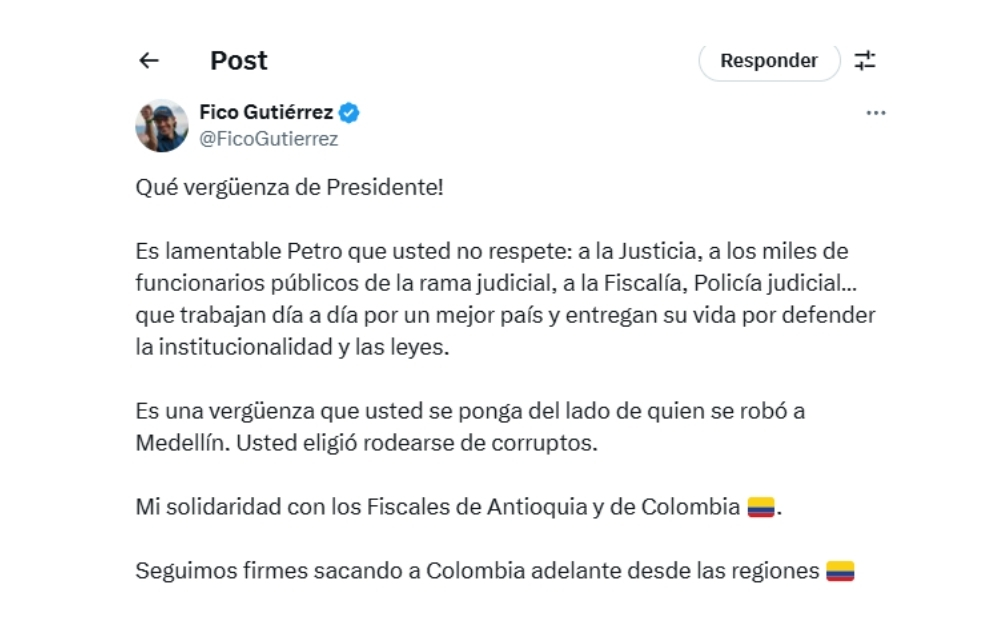 Respuesta de Gutiérrez tras críticas de Petro a su gestión.