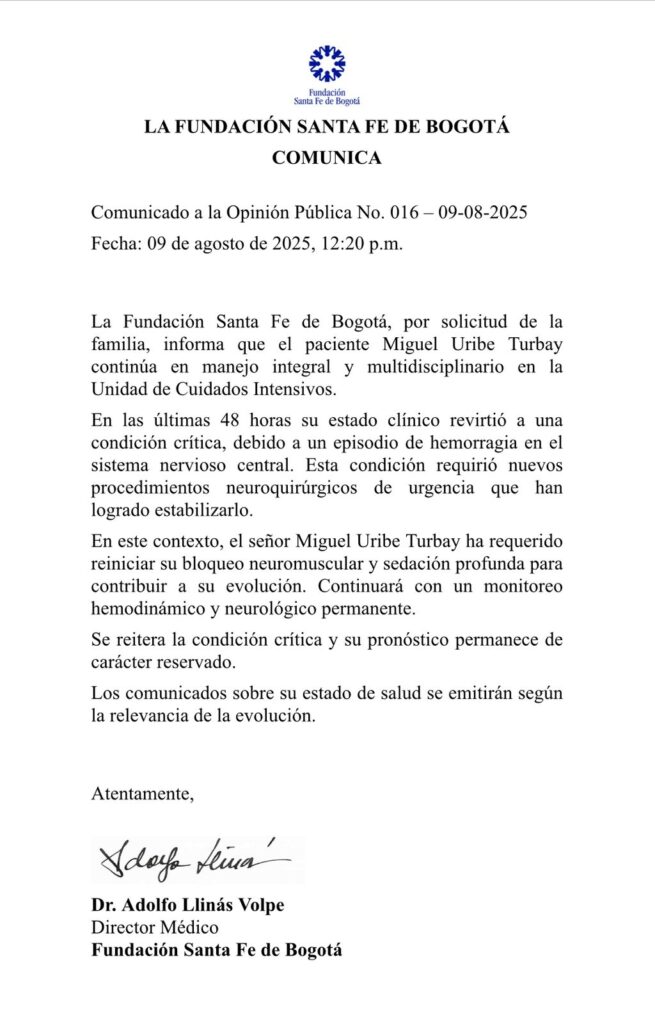 Comunicado de la Fundación Santa Fe sobre estado de salud del senador Miguel Uribe. 