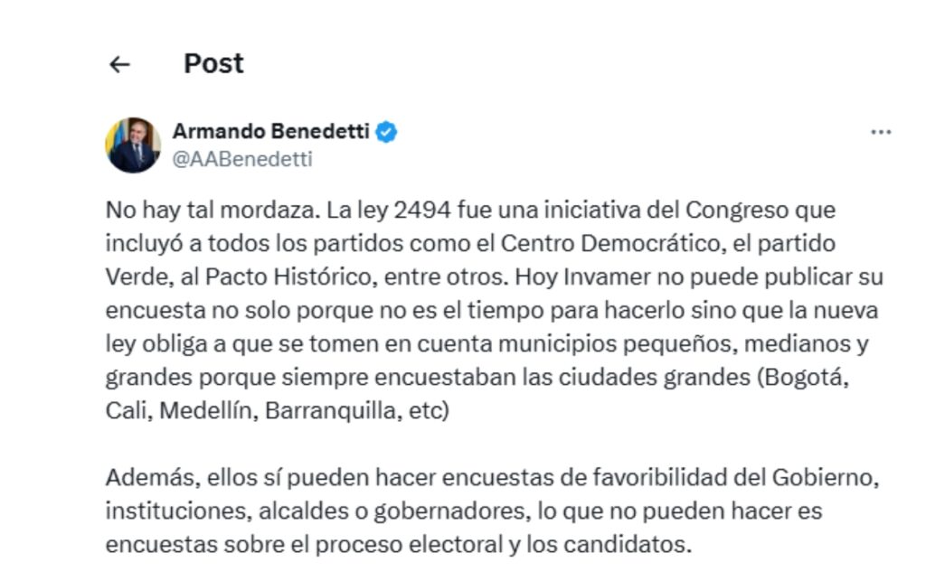 Declaración del ministro del Interior Armando Benedetti en X defendiendo la Ley 2494 de 2025 sobre encuestas.