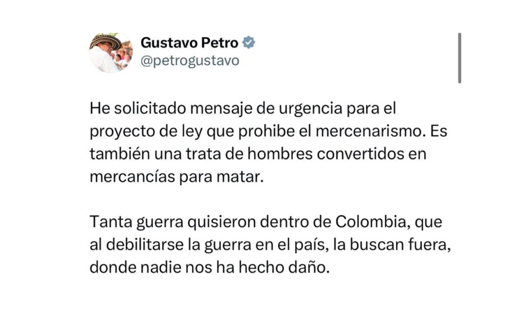 Mensaje del presidente petro en la red social de X. 