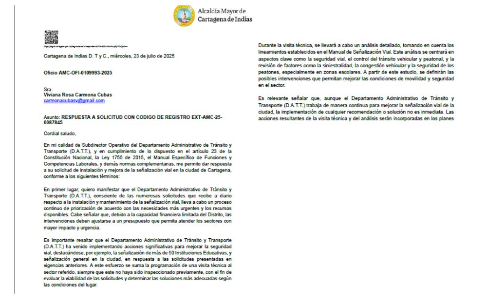 Oficio del DATT sobre la situación del cruce de la muerte en Cartagena.