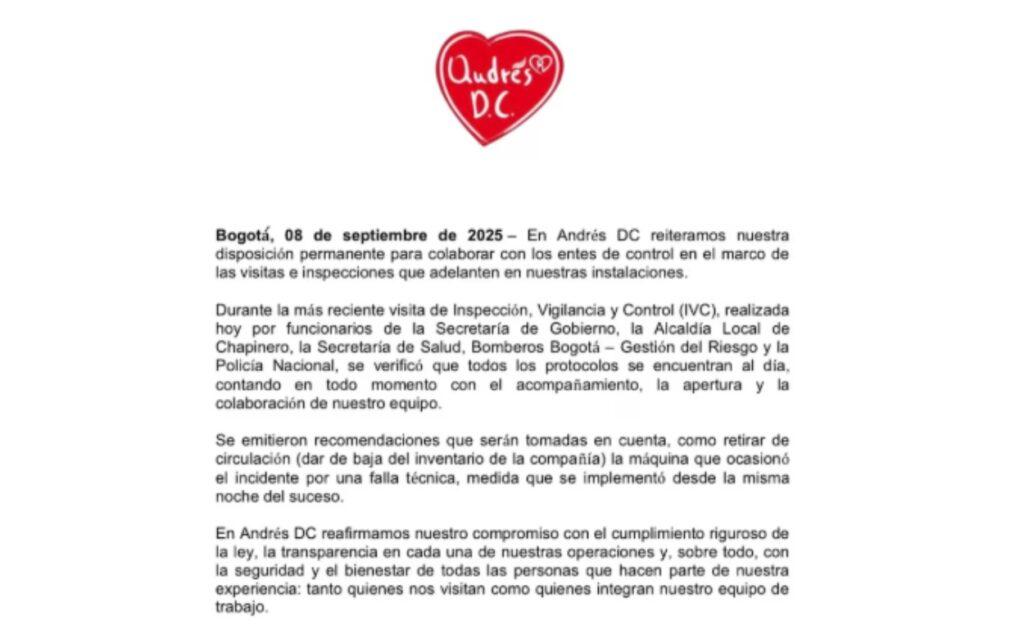 Comunicado oficial de Andrés Carne de Res tras accidente en su sede.