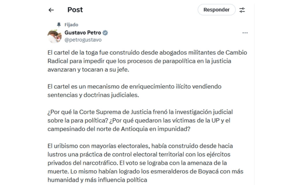Declaraciones de Petro en X sobre clientelismo judicial y acuerdos de paz.