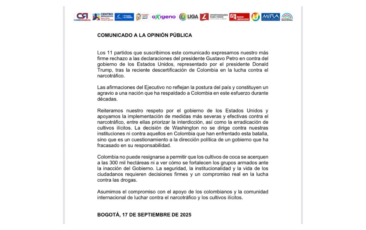 Esta es la carta enviada por partidos a EE. UU. que generó la respuesta del presidente Petro.