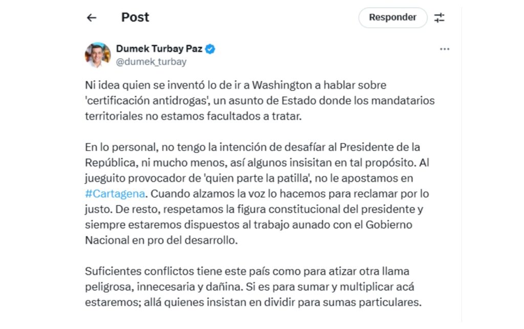 Mensaje del alcalde Dumek Turbay en X donde confirma que se bajó del avión y aclara su postura frente al viaje a Washington.