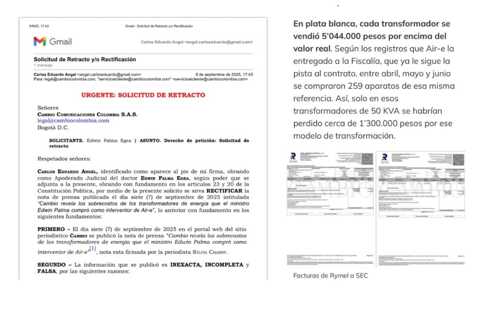 Petición y Facturas de transformadores en disputa entre Cambio y Edwin Palma.