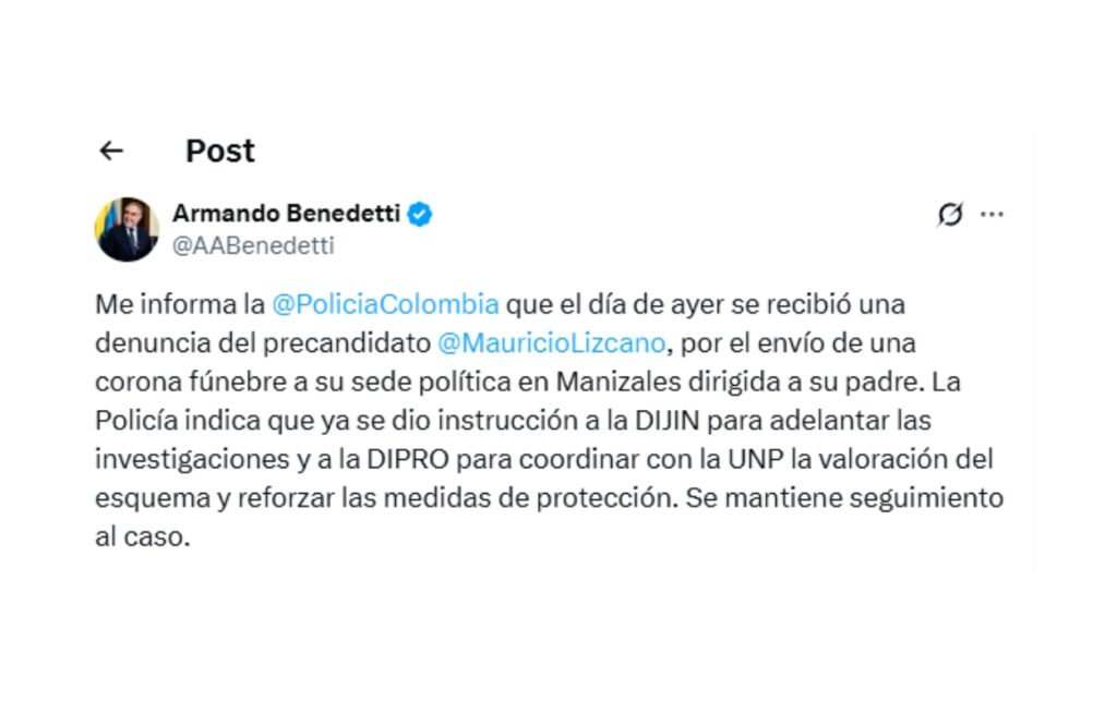 Reacción en X por parte del ministro del Interior Armando Benedetti sobre amenazas a Lizcano.