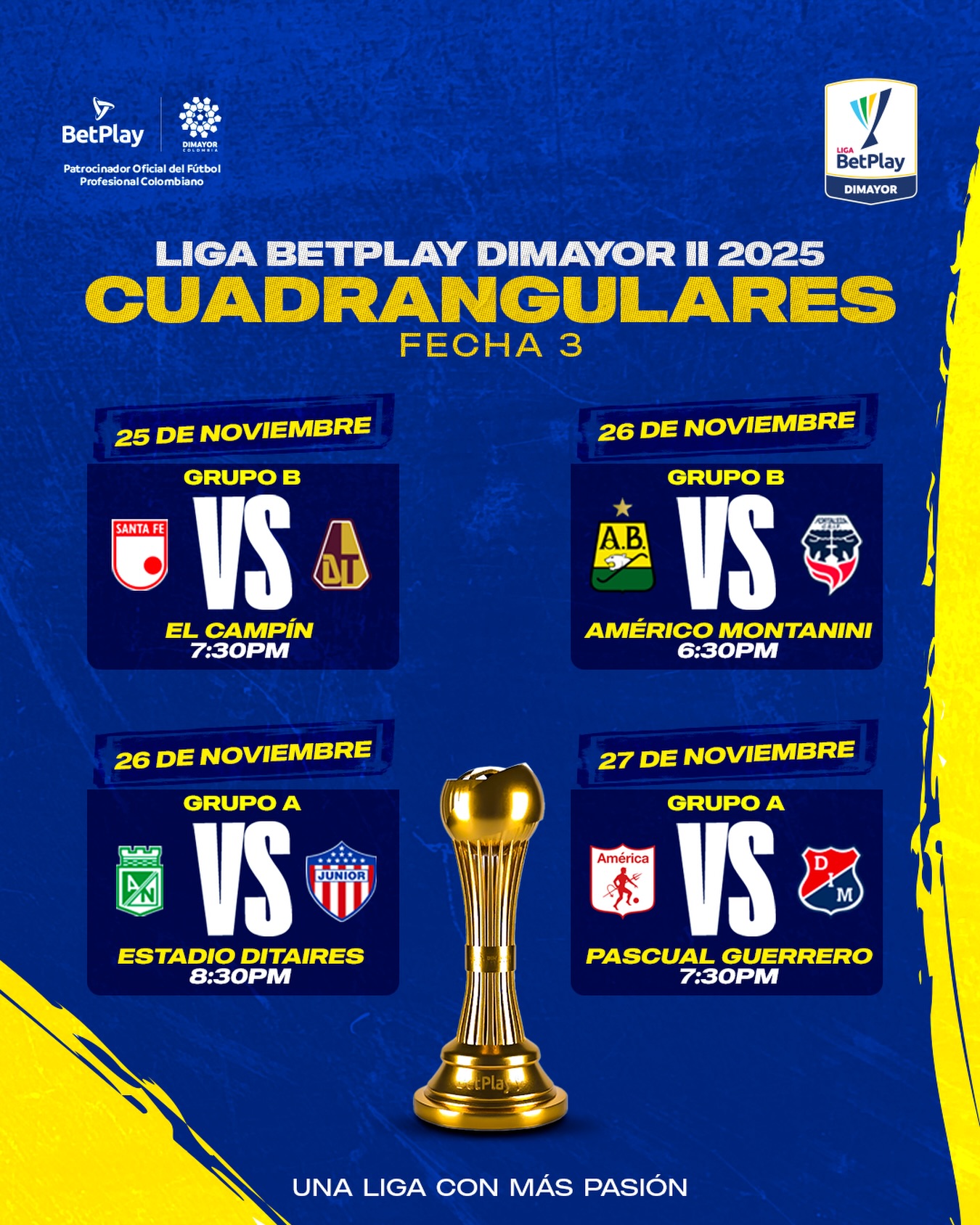 Programación cuarta fecha cuadrangulares semifinales Liga Betplay II 2025. 