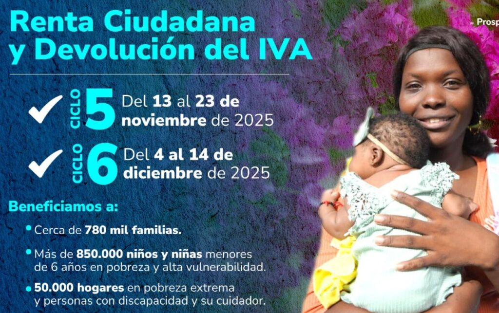 Renta Ciudadana y Devolución del IVA con ciclos 5 (13–23 de noviembre) y 6 (4–14 de diciembre), apoyo a hogares vulnerables con niñas y niños menores de 6 años.