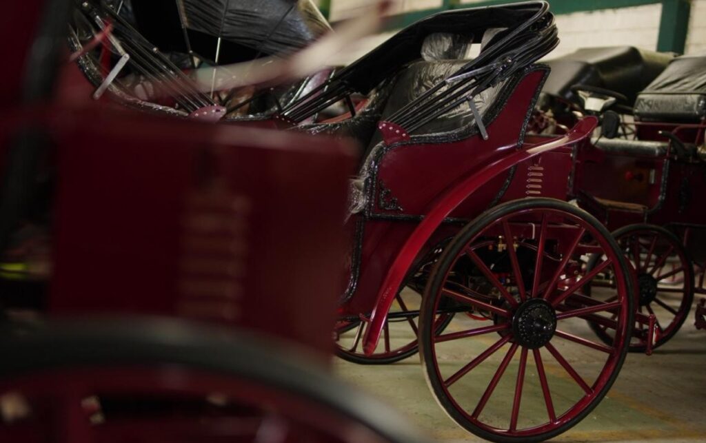 Detalles laterales de los coches eléctricos dentro de una fábrica, con detalles en las ruedas y estructura metálica.