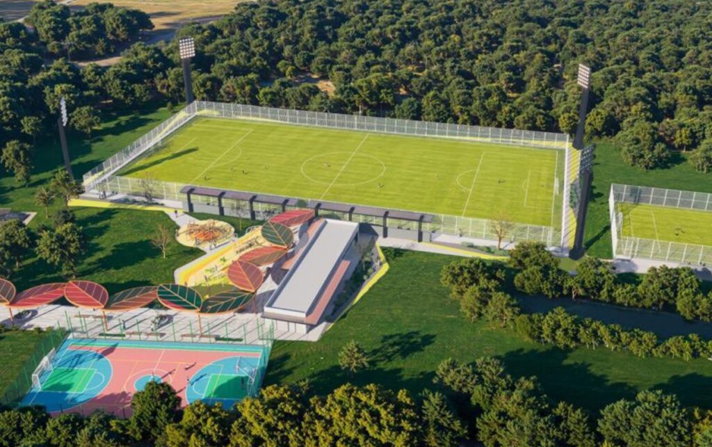 Imagen panorámica del diseño del polideportivo previsto tras la toma de posesión del terreno donde recuperan más de 9 mil metros cuadrados en Bayunca.