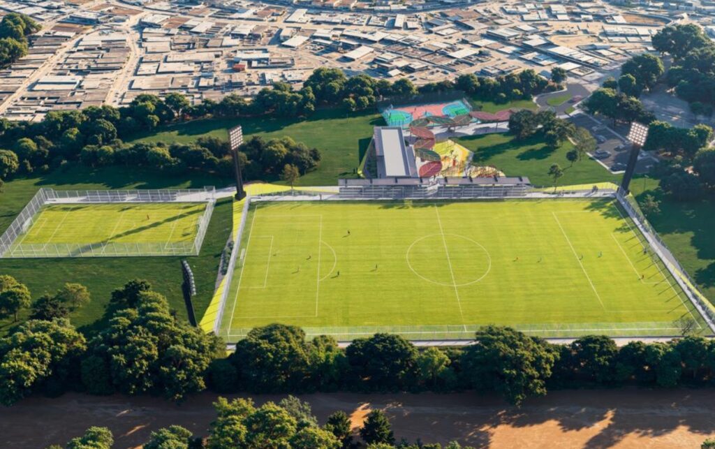 Render aéreo del proyecto deportivo asociado al predio donde recuperan más de 9 mil metros cuadrados para infraestructura en la Zona Norte de Cartagena. 