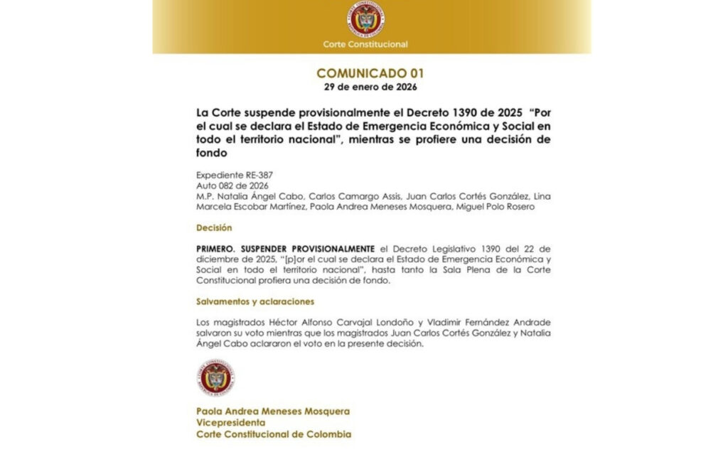 Comunicado oficial de la Corte Constitucional que confirma que la Corte suspendió decreto de emergencia económica.Infomilenials.com