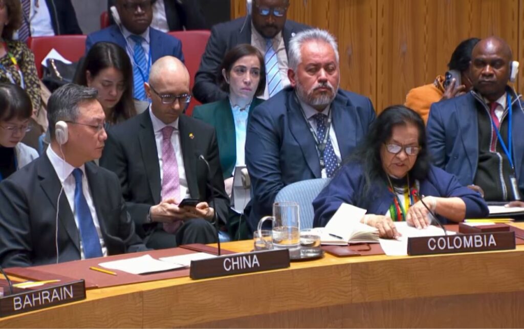 Consejo de Seguridad_ delegación colombiana durante sesión de emergencia por Venezuela..
