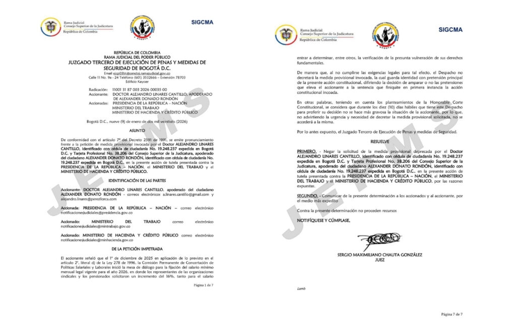 Documento judicial del Juzgado Tercero de Ejecución de Penas de Bogotá que negó una medida provisional, citado tras reacción del Ministro Sanguino por el salario mínimo.