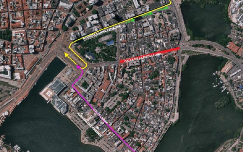 Mapa del cierre de la Calle 30 de la Media Luna y desvíos habilitados hacia Bocagrande desde Manga y Puerto Duro en Cartagena. 