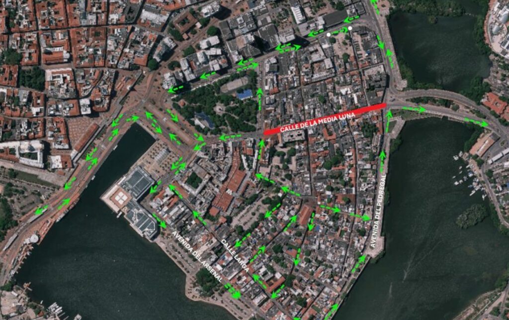 Plano de movilidad con sentidos vehiculares tras el cierre de la Calle 30 de la Media Luna por obras viales en el barrio Getsemaní.