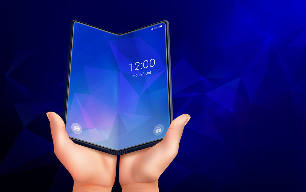 Diseño del iPhone Fold abierto mostrando doble pantalla plegable de Apple.