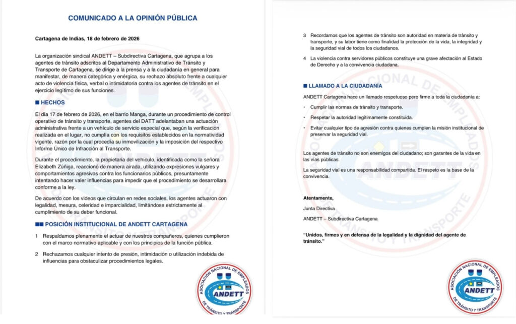 Comunicado oficial del sindicato de tránsito ANDETT Cartagena.