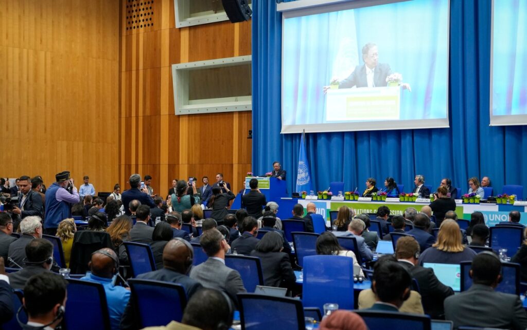 Vista general del auditorio de Naciones Unidas durante el discurso en el que Petro destacó las 3.300 toneladas incautadas como evidencia de resultados contra el narcotráfico.