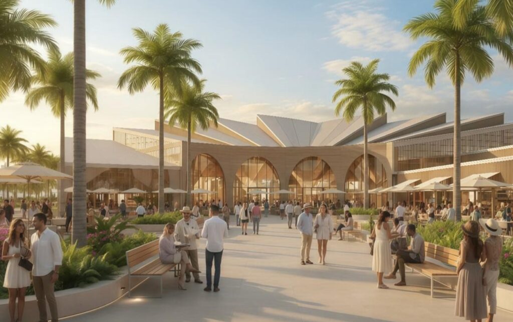 Imagen conceptual del nuevo Bazurto como Distrito cultural y turístico con plazas, comercio y espacios para visitantes.