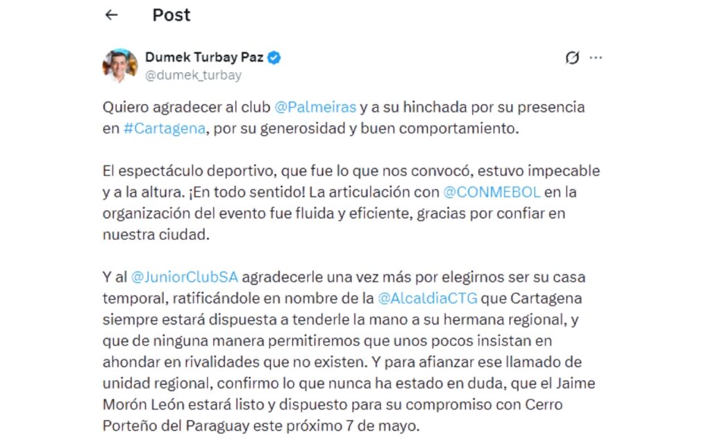 20 millones de pesos y el mensaje del alcalde Dumek Turbay en X sobre el partido Junior vs Palmeiras en Cartagena, donde destaca el evento y rechaza hechos de violencia.