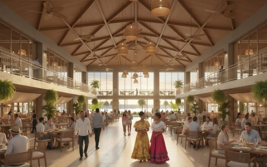 Proyección del nuevo Bazurto con espacios gastronómicos y culturales que integran turismo, tradición y desarrollo urbano en Cartagena.