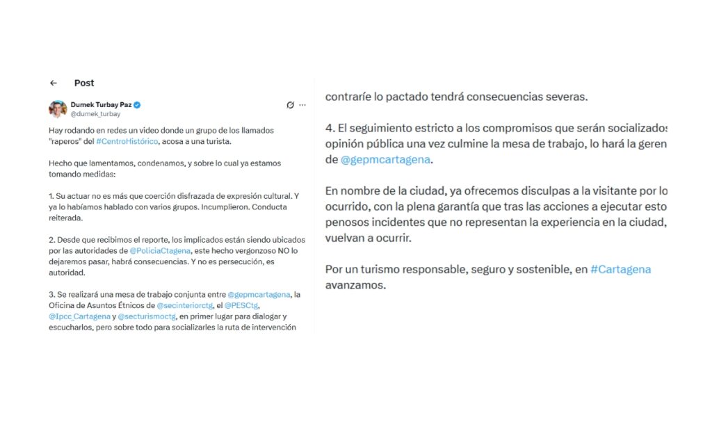 Publicación en X del alcalde Dumek Turbay donde anuncia medidas contra acoso tras video viral en el Centro Histórico de Cartagena. 