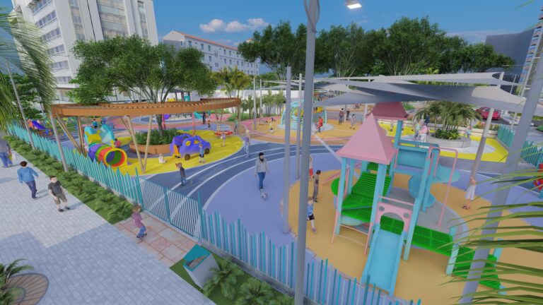 Maqueta de la remodelación del Parque Flanagan con juegos y zonas verdes.