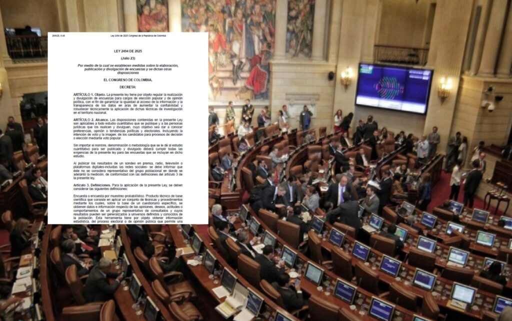 Debate por ley: documento oficial de la Ley 2494 de 2025 que regula las encuestas en Colombia.